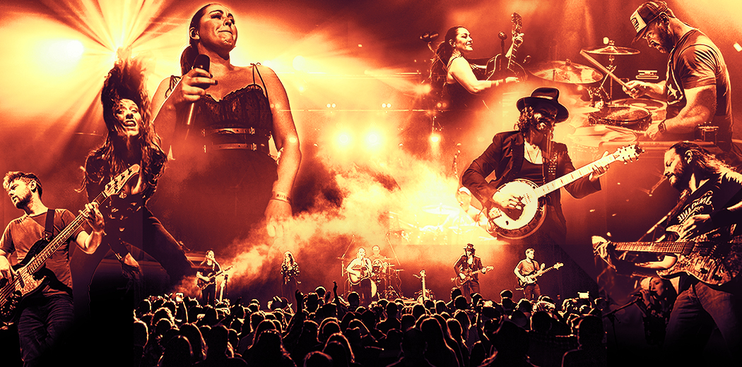 A dynamic collage of a live concert performance with a warm orange and red lighting theme. Multiple musicians are shown playing instruments and singing on stage, including a female lead vocalist, a banjo player in a hat, guitarists, a drummer, and a female backup vocalist. A cheering audience is visible in the foreground, silhouetted against dramatic stage lighting and fog. The image conveys high energy and celebration, with overlapping images capturing the intensity and emotion of the live show