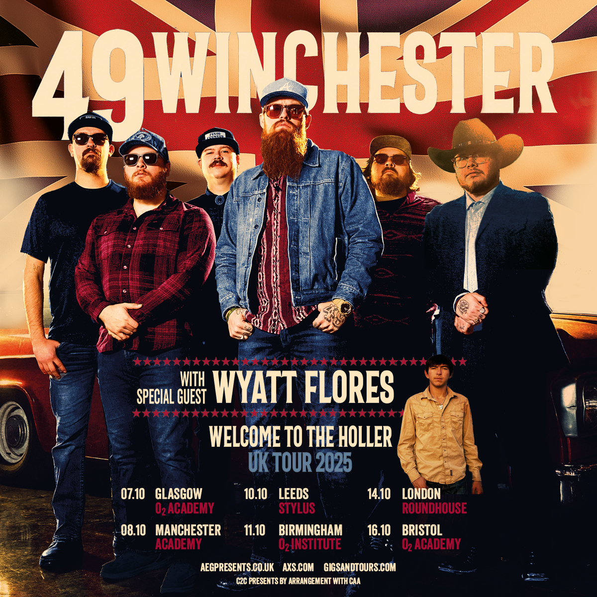 Promotional poster for the band 49 Winchester's "Welcome to the Holler UK Tour 2025," featuring special guest Wyatt Flores. The band members stand confidently in front of a stylized Union Jack flag background, dressed in casual country-rock attire with sunglasses, hats, and denim. Tour dates are listed at the bottom: 07.10 – Glasgow, O₂ Academy 08.10 – Manchester, Academy 10.10 – Leeds, Stylus 11.10 – Birmingham, O₂ Institute 14.10 – London, Roundhouse 16.10 – Bristol, O₂ Academy