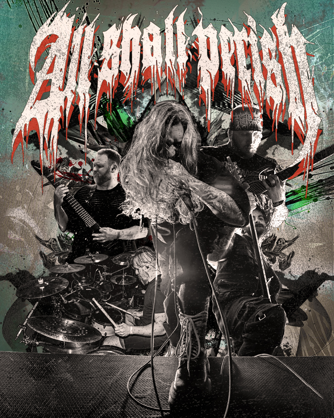A promotional poster for the metal band All Shall Perish, featuring a dynamic collage of band members performing with intense energy. The central figure is a long-haired vocalist gripping a microphone, flanked by guitarists and a drummer in mid-performance. The band's name, "All Shall Perish," appears in a large, distressed, blood-dripping font at the top. The background includes abstract grunge textures and dark tones, enhancing the aggressive and chaotic aesthetic typical of deathcore and metal imagery