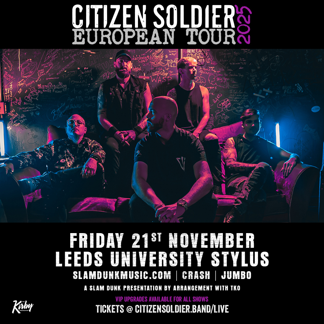 Promotional poster for Citizen Soldier's 2025 European Tour. The band is seated in a dimly lit, graffiti-covered backstage area with neon pink and blue lighting. The text at the top reads 'CITIZEN SOLDIER EUROPEAN TOUR 2025'. Below the image, it states the concert details: 'Friday 21st November, Leeds University Stylus'. Ticket information is listed with websites SlamDunkMusic.com, Crash, and Jumbo, and a note about VIP upgrades. The band's website for tickets is shown as CitizenSoldier.Band/Live. The design includes bold white and pink lettering with a gritty aesthetic.