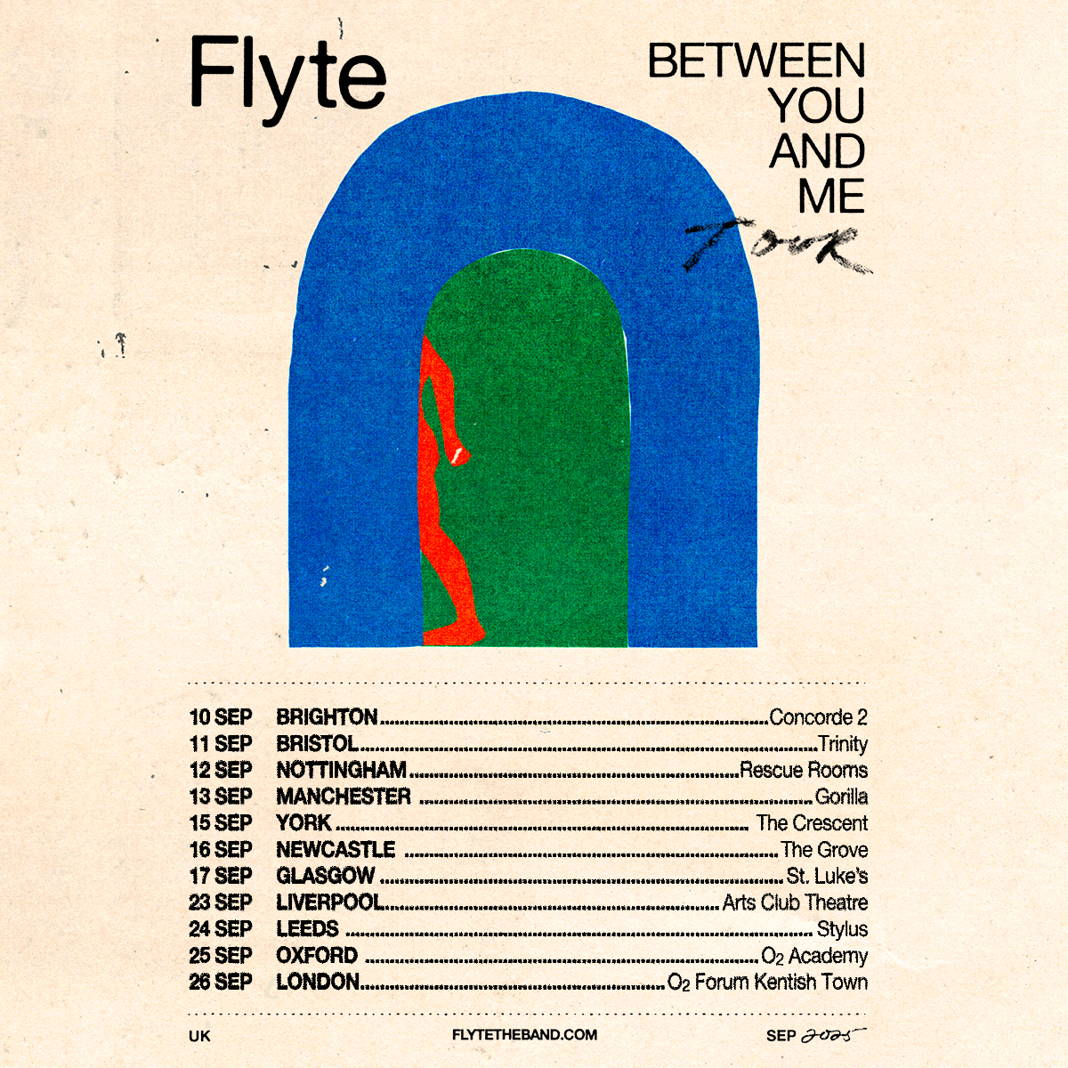 Tour poster for the band Flyte’s “Between You and Me Tour.” The artwork features a minimalist design with a red silhouette of a person walking through a green and blue arched doorway on a beige textured background. The band name "Flyte" appears in bold black text at the top left, and the tour title "Between You and Me Tour" is to the right, with the word "Tour" handwritten. Below the artwork is a list of UK tour dates and venues for September 2025: 10 Sep – Brighton, Concorde 2 11 Sep – Bristol, Trinity 12 Sep – Nottingham, Rescue Rooms 13 Sep – Manchester, Gorilla 15 Sep – York, The Crescent 16 Sep – Newcastle, The Grove 17 Sep – Glasgow, St. Luke’s 23 Sep – Liverpool, Arts Club Theatre 24 Sep – Leeds, Stylus 25 Sep – Oxford, O2 Academy 26 Sep – London, O2 Forum Kentish Town Footer includes: "UK," the website "FLYTETHEBAND.COM," and "SEP 2025."
