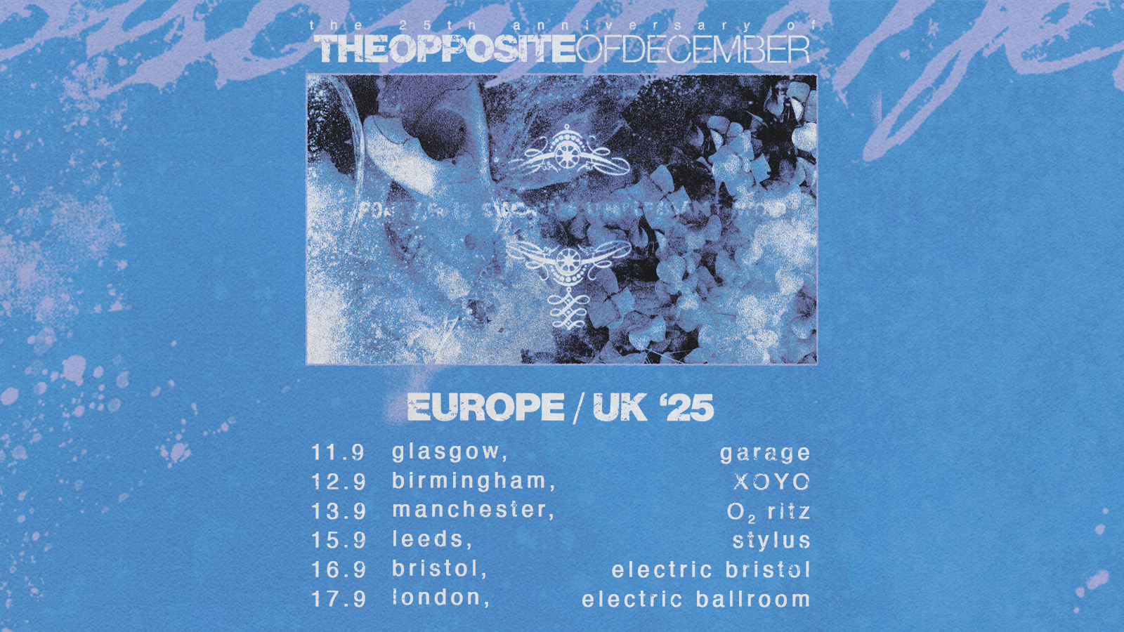 A tour poster for the 25th anniversary of "The Opposite of December" by Poison the Well. The background is textured blue with splashes of pink and white. The center features abstract artwork with icy blue and black tones and the band's emblem. Tour dates and locations for Europe/UK 2025 are listed at the bottom in white text: 11.9 Glasgow, Garage 12.9 Birmingham, XOYO 13.9 Manchester, O₂ Ritz 15.9 Leeds, Stylus 16.9 Bristol, Electric Bristol 17.9 London, Electric Ballroom