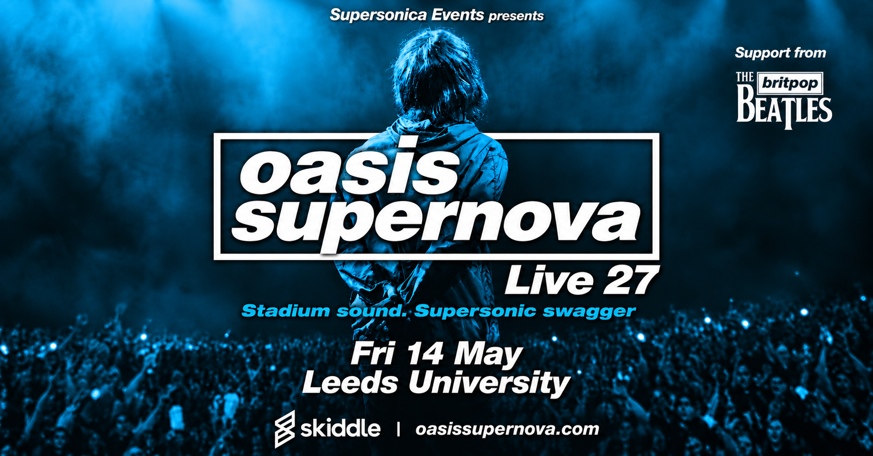 Oasis Supernova Live 27 concert poster with stadium crowd and Britpop Beatles logo